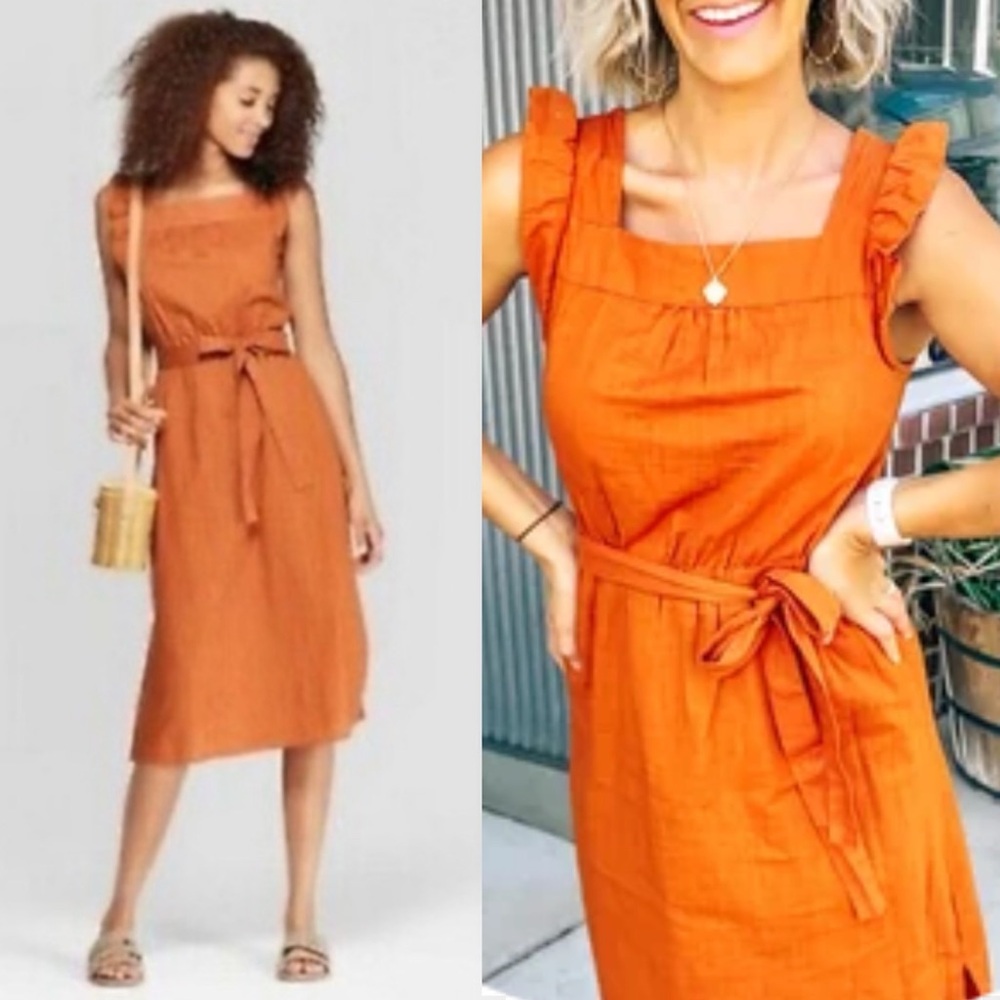 Universal Thread Rust Orange Ruffle Sleeve Square Neck Midi Dress